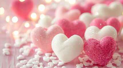 Obraz premium Pink and white hearts with bokeh background