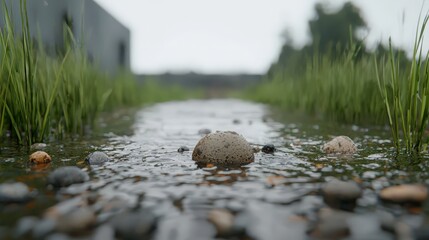 River Rock in a Countryside Stream After Rain