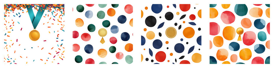 A colorful abstract confetti pattern with a golden medal, watercolor style, bright and festive