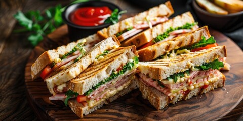 Club sandwiches presented on a wooden tray accompanied by ketchup.