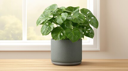 Monstera Deliciosa Plant in Grey Pot on Wooden Table Near Window