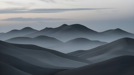 Minimalist Twilight Landscape Background, Serene Layered Mountains in Gray and Blue Hues with Ethereal Ambiance