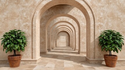 Obraz premium Stone Archway Colonnade With Plants And Sunlight Architectural Design Concept