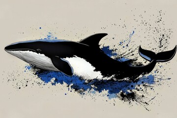 Obraz premium Black and White Whale Jumping Out of the Water With Splatter Paint