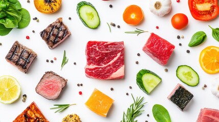 Naklejka premium Grilled Steak Overhead Shot with Rosemary and Vegetables