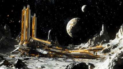A futuristic spaceport on a bustling asteroid, with sleek spacecraft docking and launching against a backdrop of distant stars and galaxies. Galactic Marketplace. Illustration