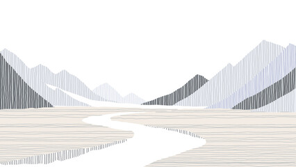 Minimalist abstract landscape features a serene scene of mountains and long road filled with vertical lines of muted purple and grey tones