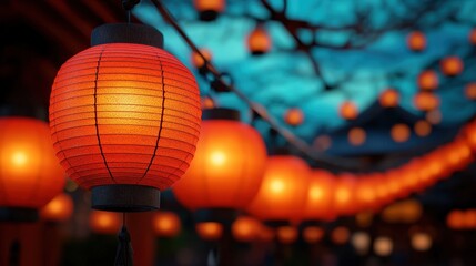 Fototapeta premium Japanese Red Lanterns String Lights Festival Illumination