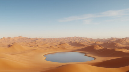Naklejka premium A small, secluded oasis with a crystal-clear pond in the middle of vast desert dunes
