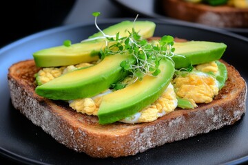 A clean eating breakfast of scrambled eggs, avocado, and whole-grain toast, garnished with microgreens, perfect for a balanced morning meal