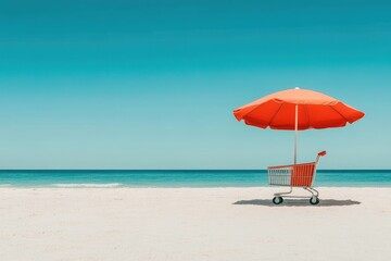 Shopping Cart on a Sunny Beach with Umbrella