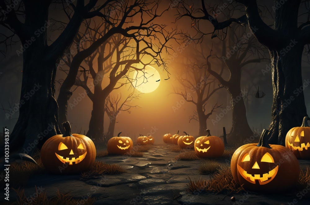 Wall mural halloween background with pumpkin and bats