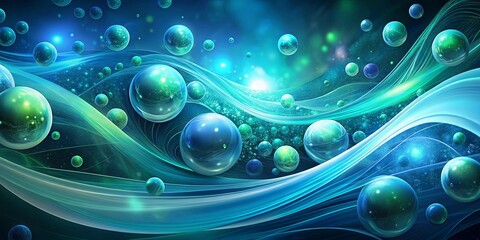 Abstract Digital Art with Spheres and Flowing Lines in Vibrant Blue and Green Hues