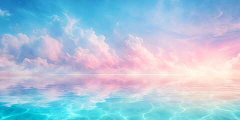 Obraz premium A serene seascape with a captivating sky featuring fluffy clouds painted in soft shades of pink and blue, creating a mesmerizing reflection on the tranquil water below.