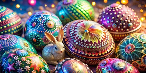 A festive arrangement of vibrantly decorated Easter eggs with a white bunny figurine in the center, a cheerful celebration of spring.