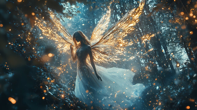 A celestial fae with delicate wings is captured amidst an enchanted, sparkling forest, her expression haunting and otherworldly. ai generation. Fae. Illustration