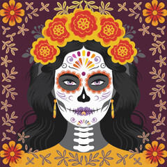 Day of the Dead woman with flower crown and colorful facepaint.