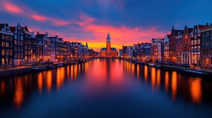 Fototapeta premium Amsterdam Canal Sunset with Church and Reflections