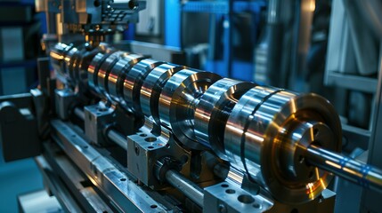Naklejka premium Close-up of a Shiny Metal Crankshaft on a Machine