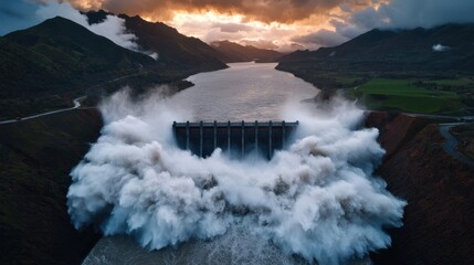 Fototapeta premium Powerful Dam Overflowing With Water During Sunset