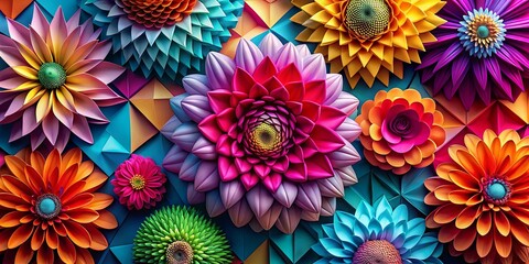 A vibrant tapestry of colorful paper flowers arranged in a geometric pattern, showcasing intricate details and captivating textures.