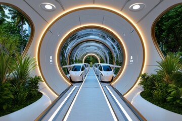 Fototapeta premium A futuristic urban transportation hub, where hyperloop systems, electric air taxis, and autonomous vehicles connect seamlessly through tomorrowâ€™s technology