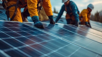 Fototapeta premium Show a team installing solar panels on a rooftop, highlighting the adoption of renewable energy sources for a greener future