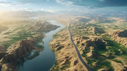 Sports and travel background. 3d illustration with cut of the ground and the desert road and the lake. 