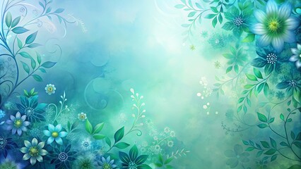 Delicate blue flowers bloom amidst a vibrant green foliage, creating a whimsical floral border against a soft, ethereal background.