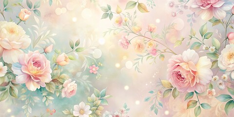 Delicate Watercolor Floral Design With Pastel Pink Roses, Soft Green Leaves, and a Blurred Background of Light and Soft Colors