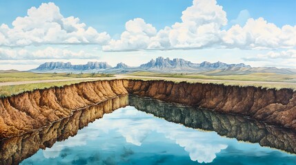 Sports and travel background. 3d illustration with cut of the ground and the desert road and the lake. 