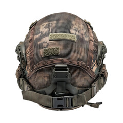 Fototapeta premium Military helmet with mesh cover and camouflage pattern
