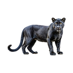 Fototapeta premium sleek coat of a black panther shines as it surveys its surroundings solitary black panther exudes strength and elegance in isolation transparent PNG background 