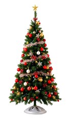 Christmas tree with decoration of lights and bulbs and star, gifts, isolated on white background