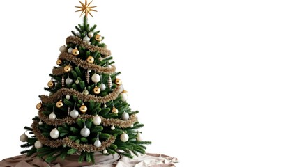 Christmas tree with decoration of lights and bulbs and star, isolated on white background