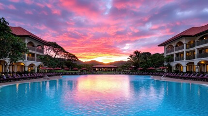 Fototapeta premium Luxury Resort Swimming Pool at Sunset with Dramatic Sky and Palm Trees