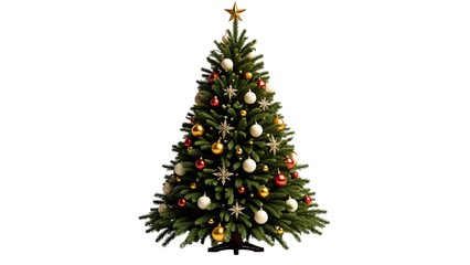 Obraz premium Christmas tree with decoration of lights and bulbs and star, isolated on white background