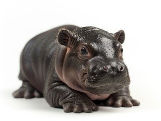 Obraz premium Adorable baby hippo: Pygmy mammal, white backdrop, close-up portrait 