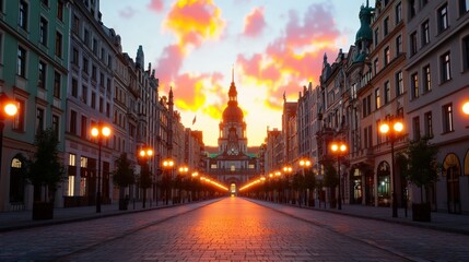 European City Street at Sunset with Church and Street Lights
