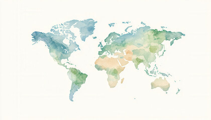 Watercolor world map illustration on a light background.