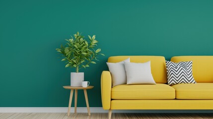 Teal Wall Minimalist Living Room with Yellow Sofa and Plant