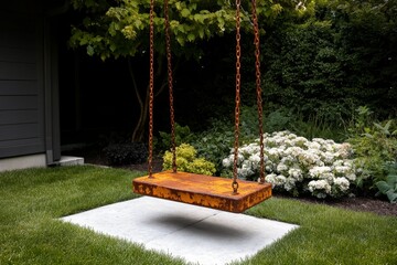 A weathered childhood swing set in a backyard, rusted with time, representing the bittersweet memories of carefree days from yesterday
