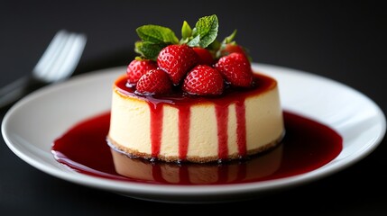 Japanese cheesecake served with a side of strawberry compote, vibrant red contrasting with the soft golden tones of the cake, Japanese cheesecake, fruit-topped dessert