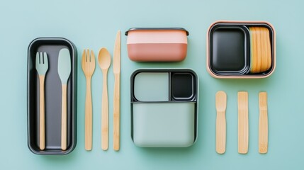 Show an eco-friendly lunch box with a bamboo cutlery set and reusable containers, emphasizing sustainable choices for school lunches.