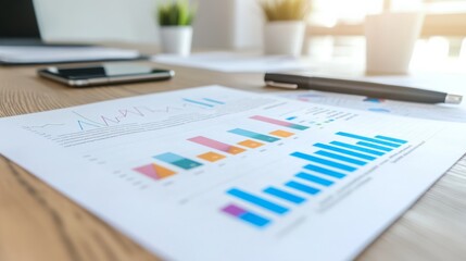 Obraz premium A close-up view of graphs and charts printed on paper, with a pen and a smartphone on a wooden table, suggesting analysis and business planning.