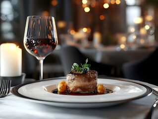 A gourmet meal of roasted meat with a side of fruit and a glass of red wine.