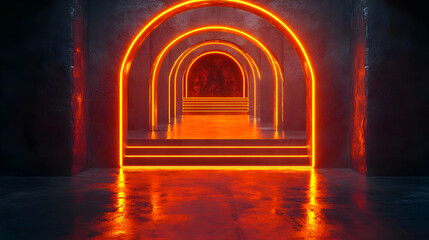 Fototapeta premium 3D Render of an Abstract Tunnel with Orange Neon Lights