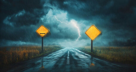 Dark stormy road with warning signs at twilight