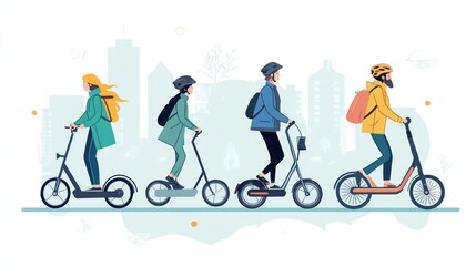 Fototapeta premium Show people commuting by bicycle or electric scooters in a city, illustrating sustainable transportation alternatives to reduce carbon footprints.