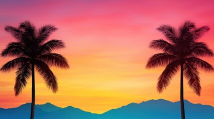 Tropical Sunset Landscape with Two Palm Trees Silhouettes